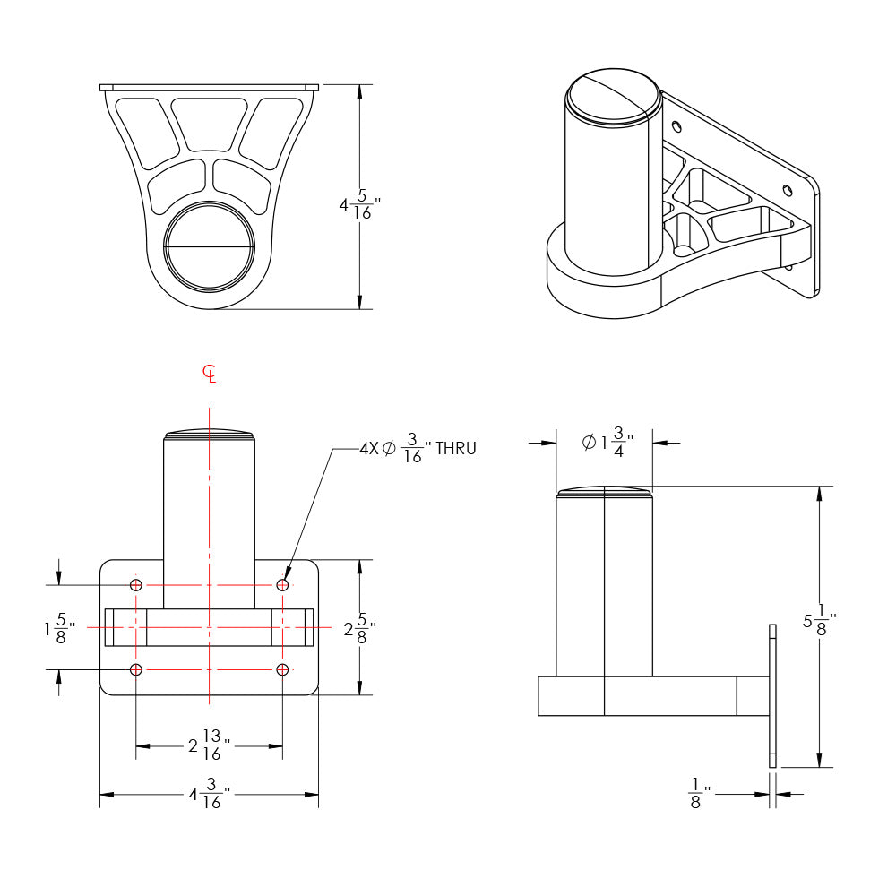 TACO Marine ShadeFin Mini Side Wall Mount, Backing Plate, 6061 Aluminum, 304 SS, Misty Silver Finish