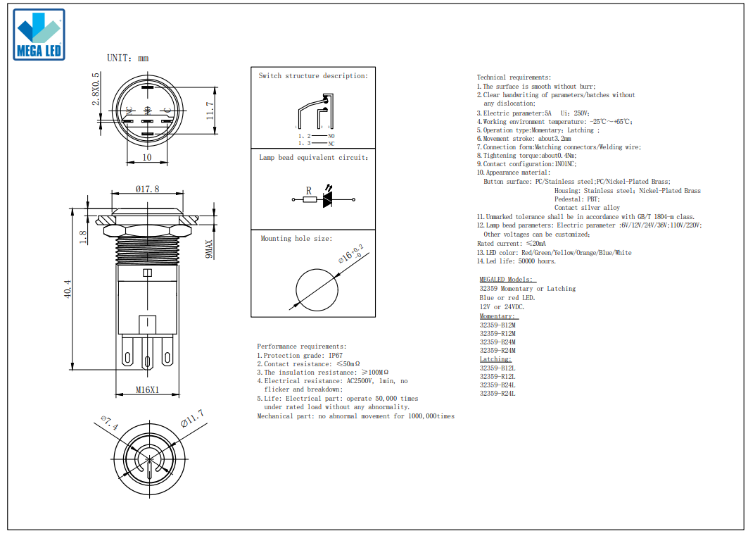 Mega LED - Push Button - Waterproof IP67, Stainless Steel, Illuminated Latching Switch, 24V, Blue LED (32359-12B)