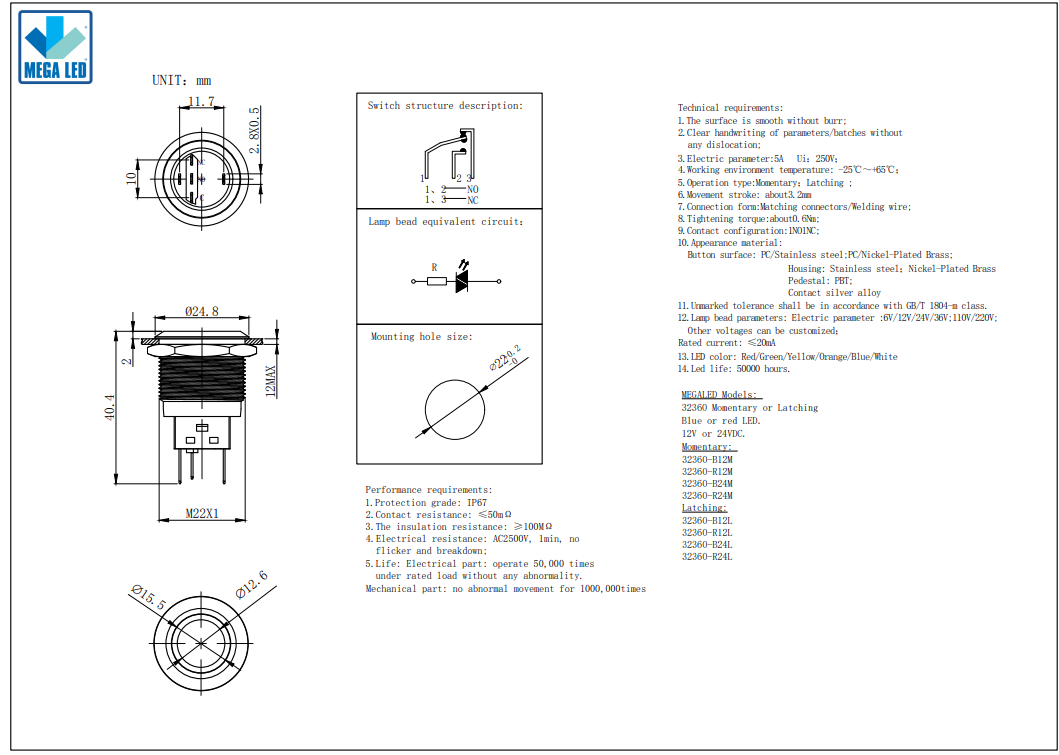Mega LED - 22MM Push Button - Waterproof IP67, Stainless Steel, Illuminated