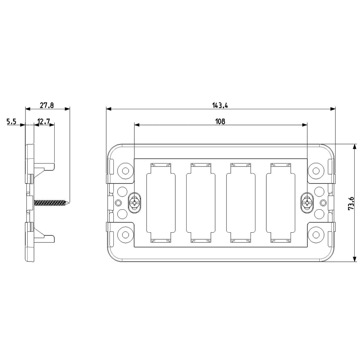 Vimar 8000 Series 4-Module Mounting Frame, for Rectangular Flush Boxes, with Screws, Thermoplastic, Horizontal/Vertical Mounting, Black
