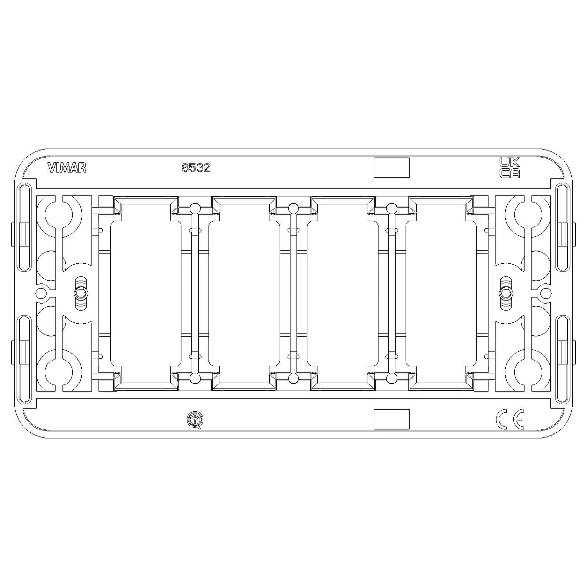 Vimar 8000 Series 4-Module Mounting Frame, for Rectangular Flush Boxes, with Screws, Thermoplastic, Horizontal/Vertical Mounting, Black