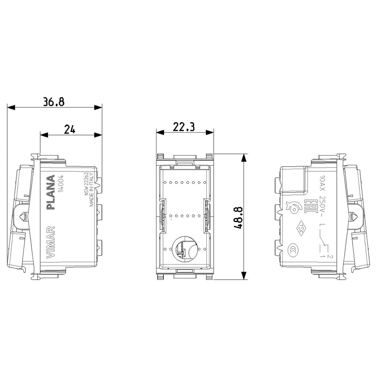 Vimar Plana 1P 10AX 2-Way Switch Mechanism, For 1-3 Module Button, 250V, LED-Illuminable, IP40