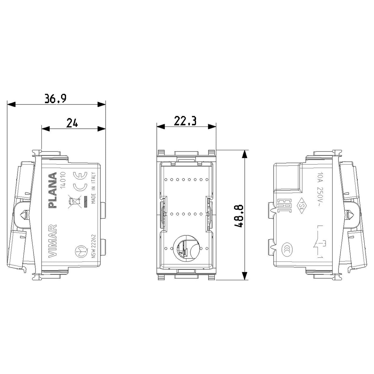 Vimar Plana 1P NC Pushbutton Mechanism, 10A 250V, Lightable, IP40