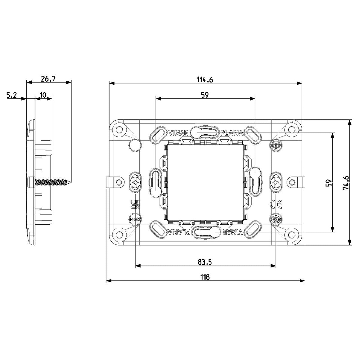 Vimar Plana 2-Central-Module Mounting Frame, With Screws, 60 mm Fixing Centres