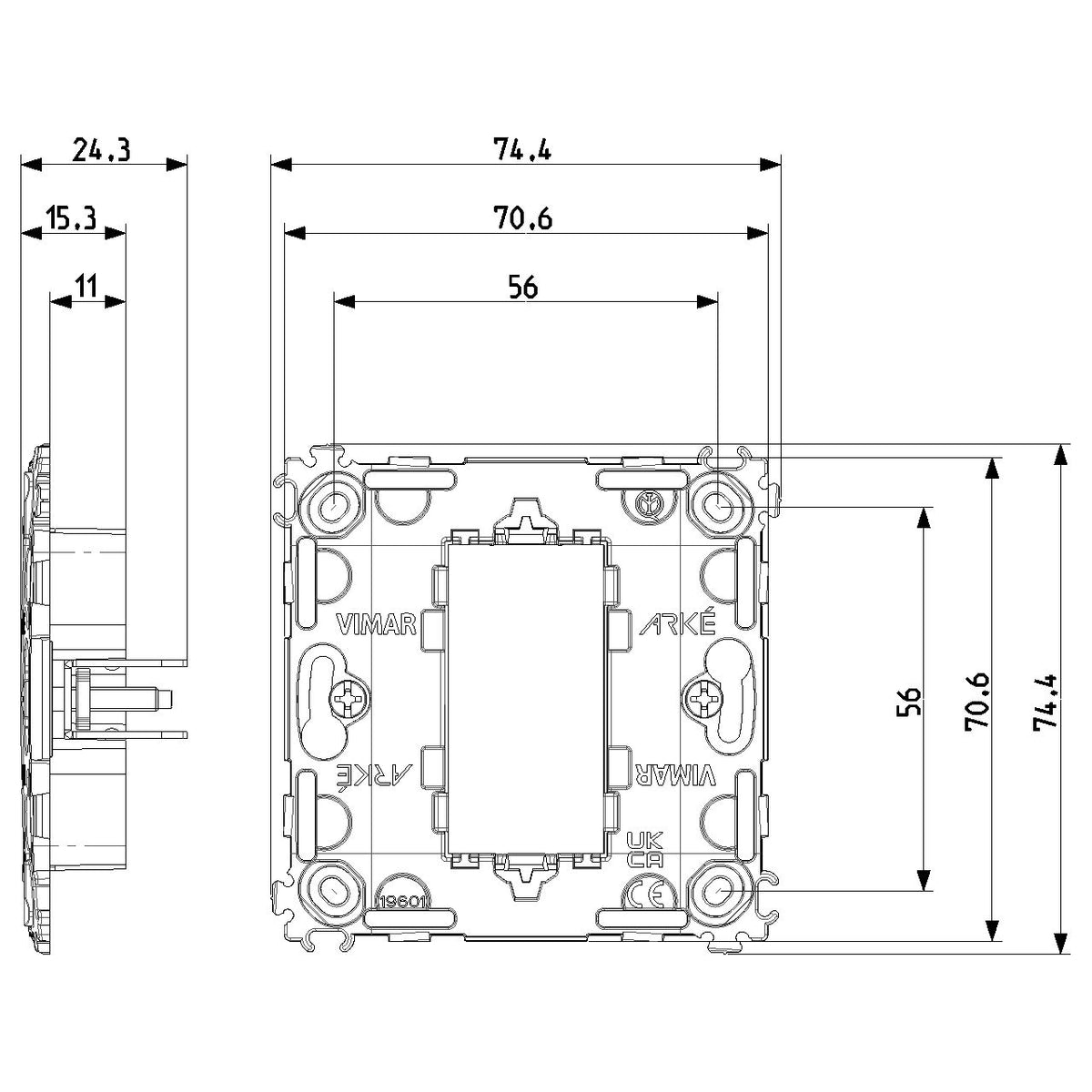 Vimar ARKÉ 1-Module Mounting Frame, With Claws, For 60 mm Round Boxes