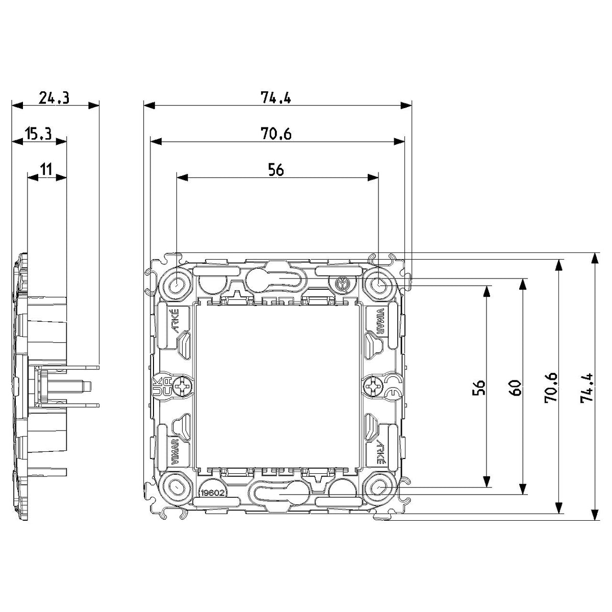 Vimar ARKÉ 2-Module Mounting Frame, For 60 mm Round Boxes, 71 mm Centers, Claw Mount