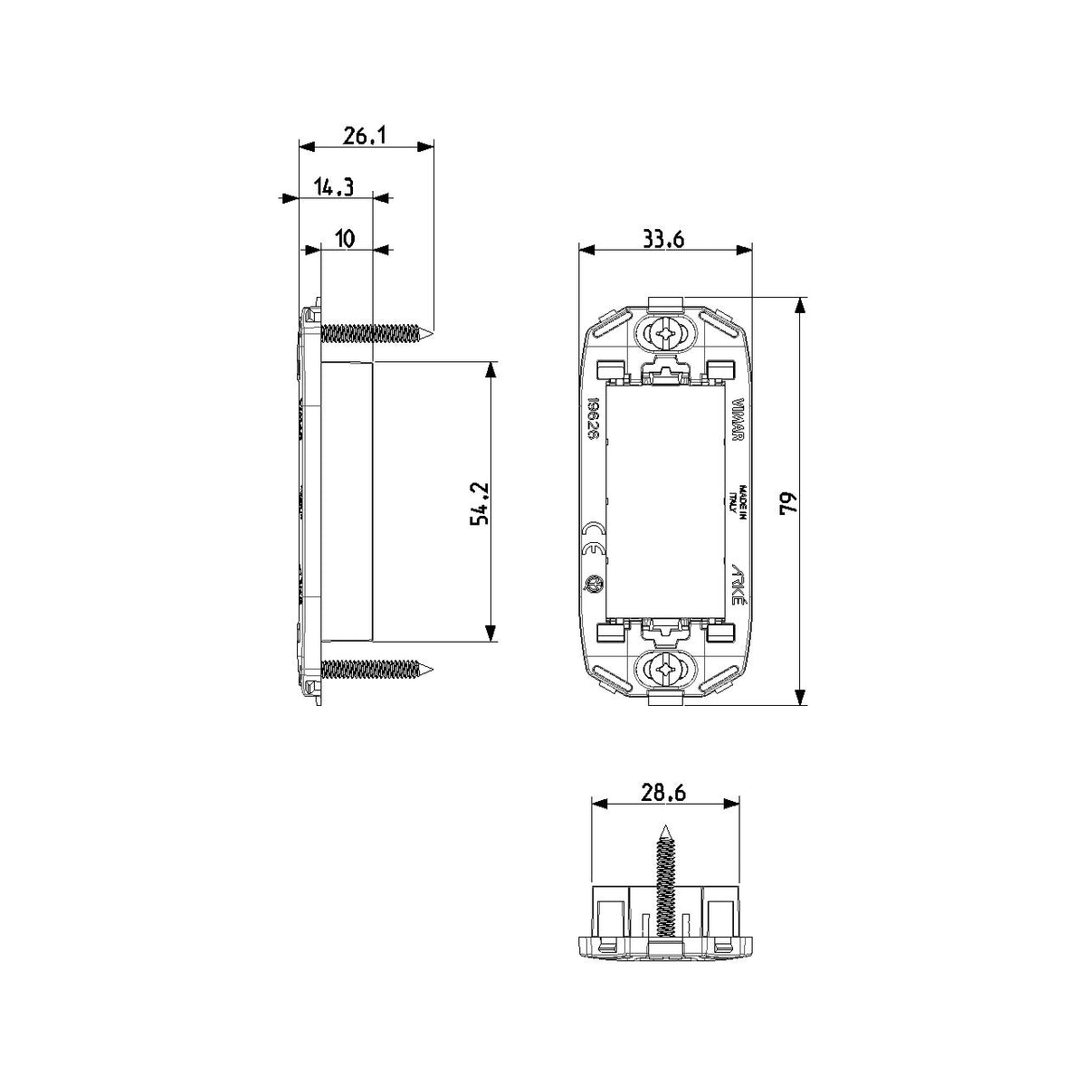 Vimar ARKÉ 1-Module Panel Mounting Frame, With Screws, Thermoplastic, Front-Side Mount, Horizontal and Vertical