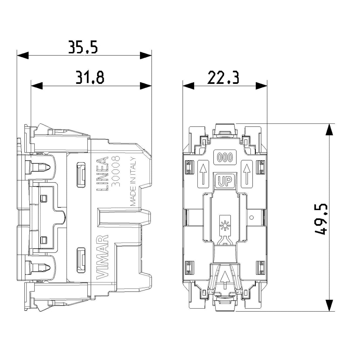 Vimar Linea 1P NO Pushbutton Mechanism, For 1-Module Button, 10A 250V, IP40, Illuminable