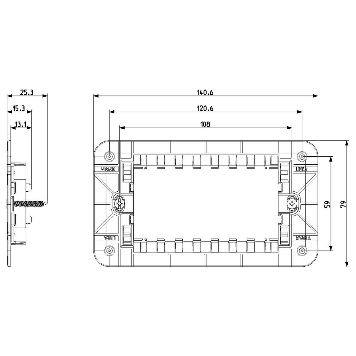 Vimar Linea 4-Module Mounting Frame, Flush Mount, With Screws, Thermoplastic