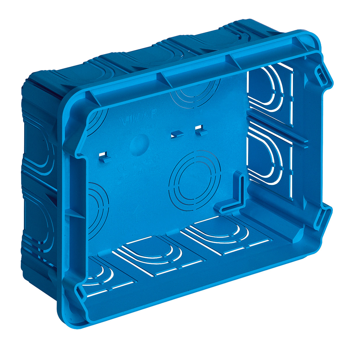 Vimar 12/14-Module Flush Mounting Box, For Masonry Walls, Rectangular, 134x180x50 mm, Halogen-Free Plastic, Glow Wire 650C, 20/25 mm Conduit Knockouts, Light Blue