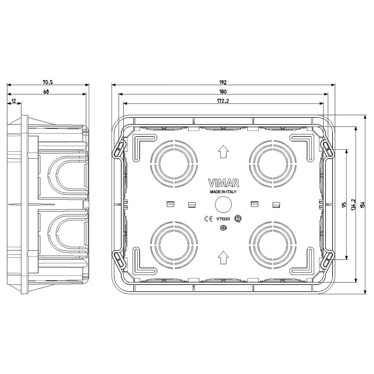 Vimar 12/14-Module Flush Mounting Box, For Masonry Walls, Rectangular, 134x180x50 mm, Halogen-Free Plastic, Glow Wire 650C, 20/25 mm Conduit Knockouts, Light Blue