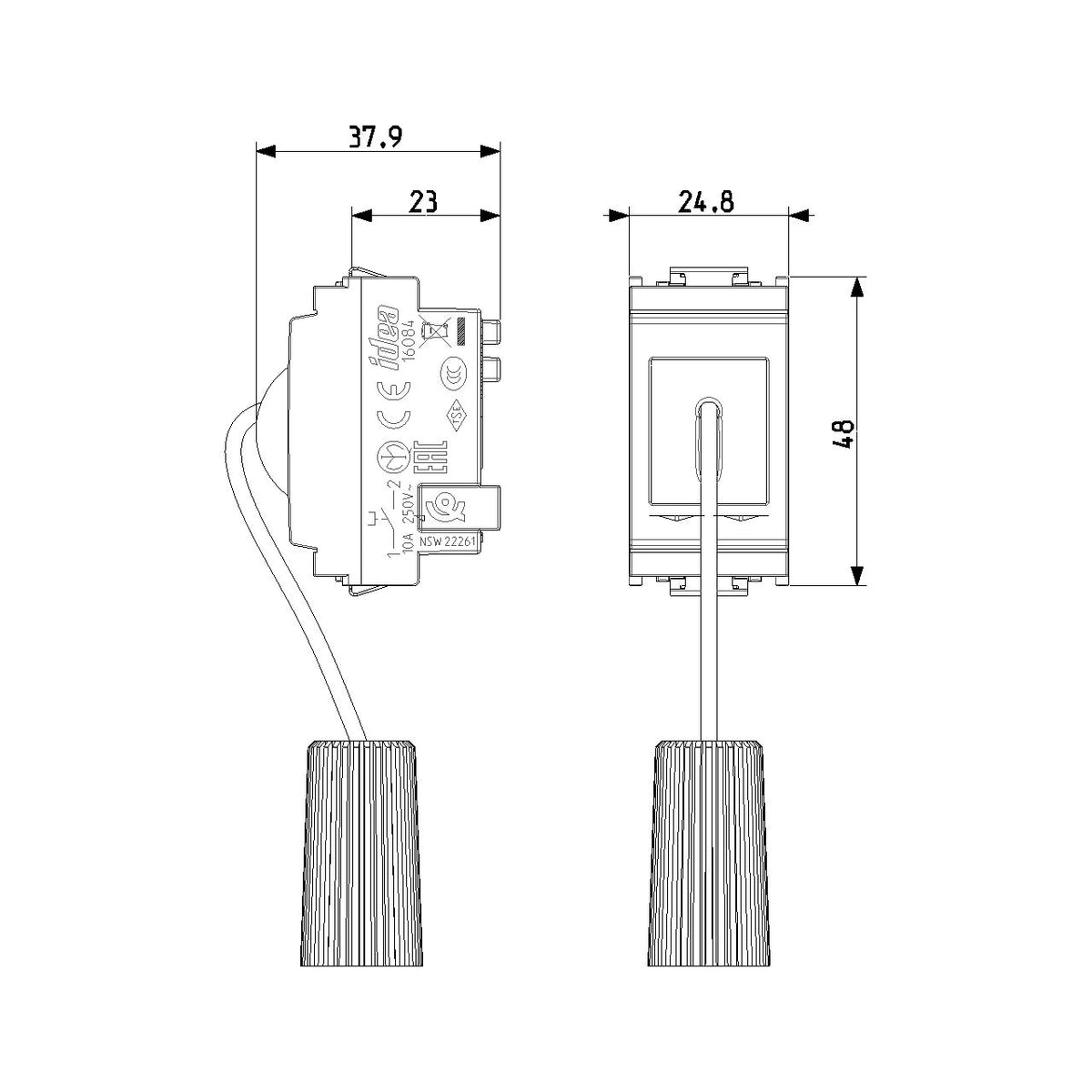 Vimar IDEA 1P NO Cord-Operated Push Button, 10A, 250V, IP40, 1.5 m Cord, Halogen-Free Thermoplastic