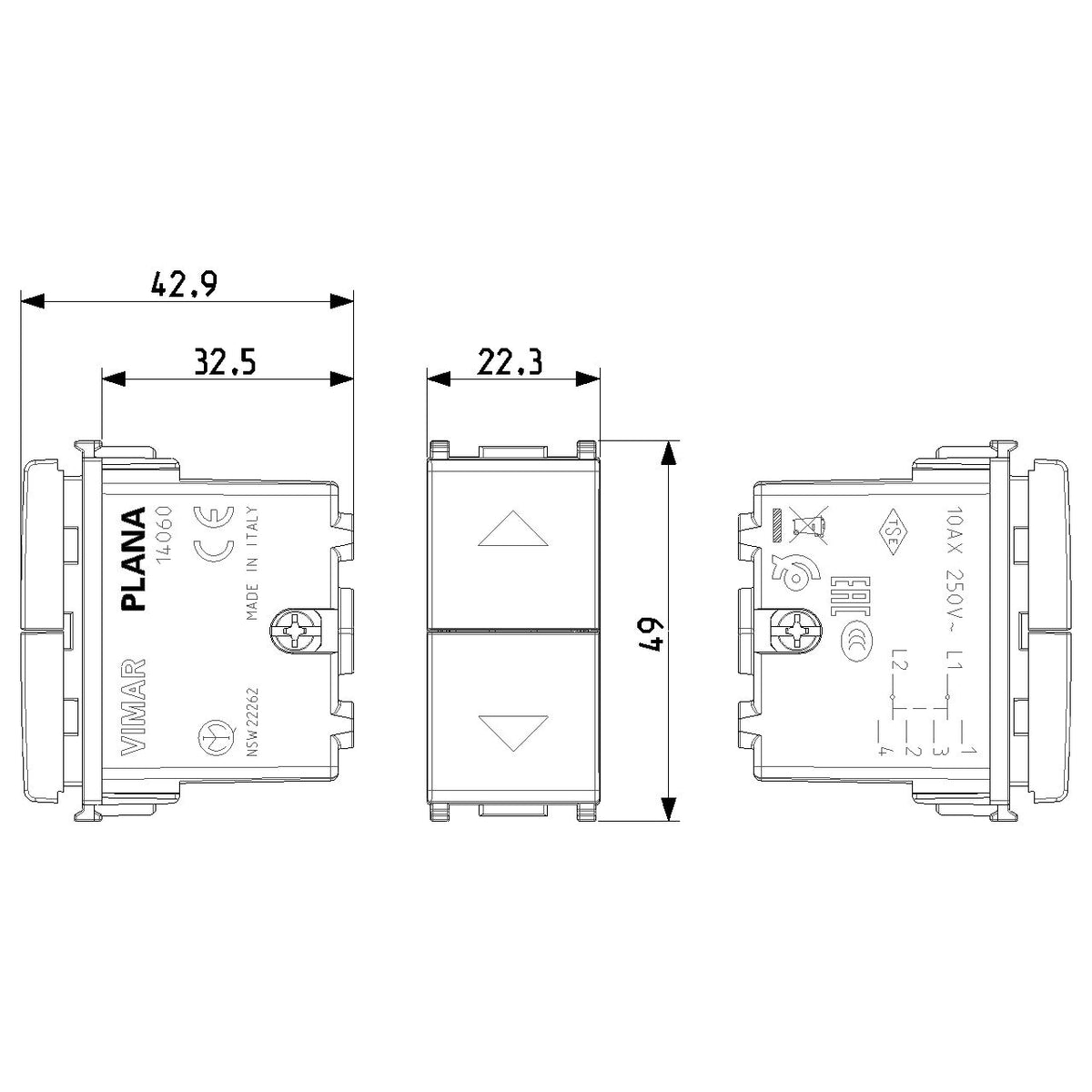 Vimar Plana 3-Position 2-Button 2-Way Switch, 2P, 10AX, 250V, Central OFF Position