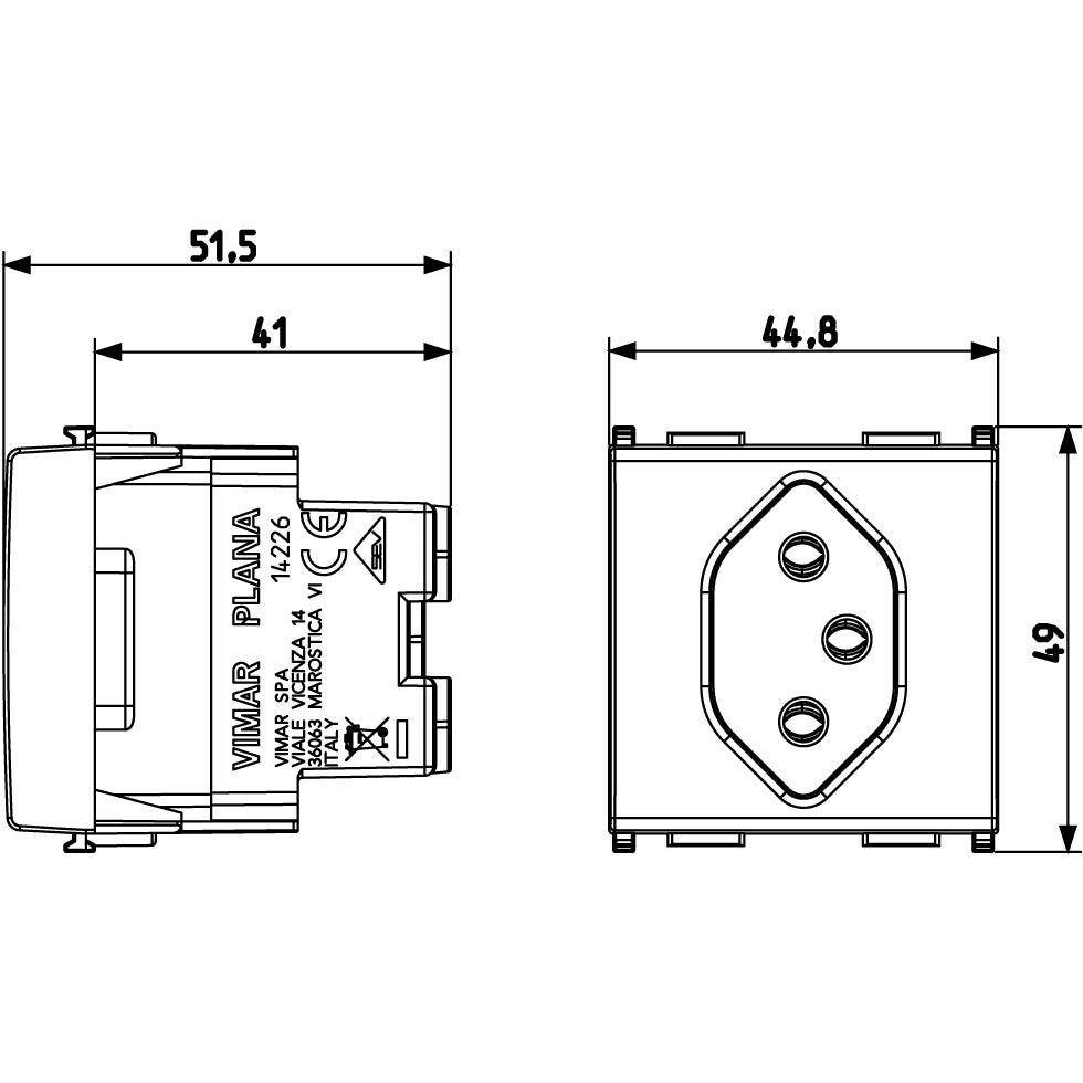 Vimar Plana Swiss Type 13 2P+E Socket Outlet, 2-Module, 10A, 250V, IP20, Flush Mount, Screw Terminals