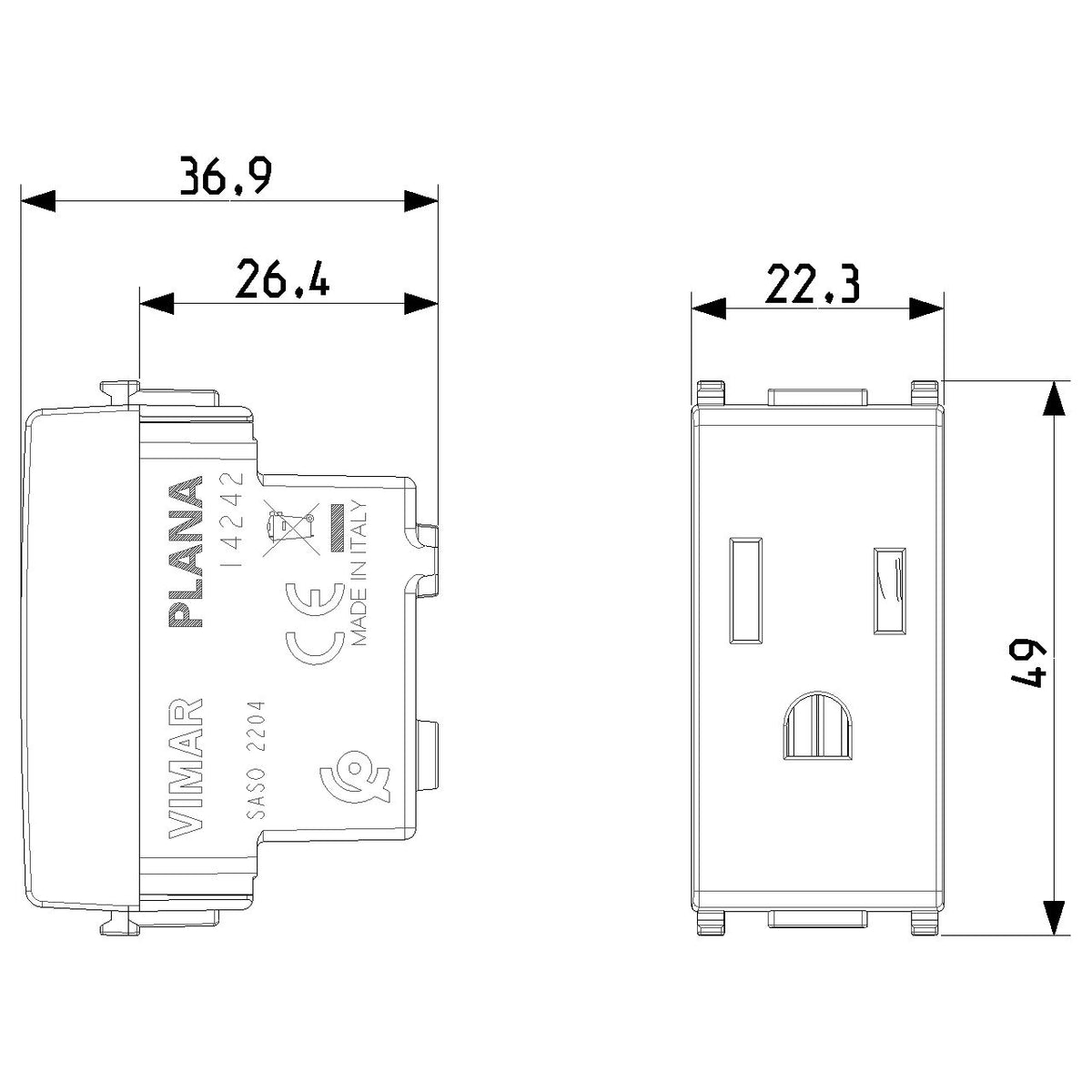 Vimar Plana 2P+E USA SICURY Outlet, 15A, 127V, IP20, Flush-Mounted