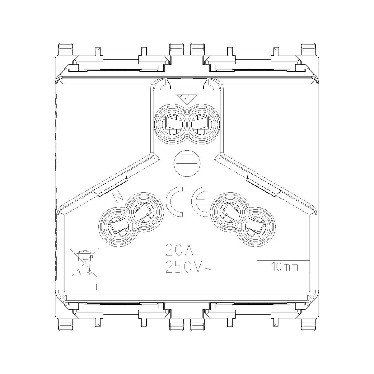 Vimar Plana 2P+E Argentinian SICURY Socket Outlet, 20A, 250V, 2-Module, Flush-Mounted, Screw Terminal, IP20