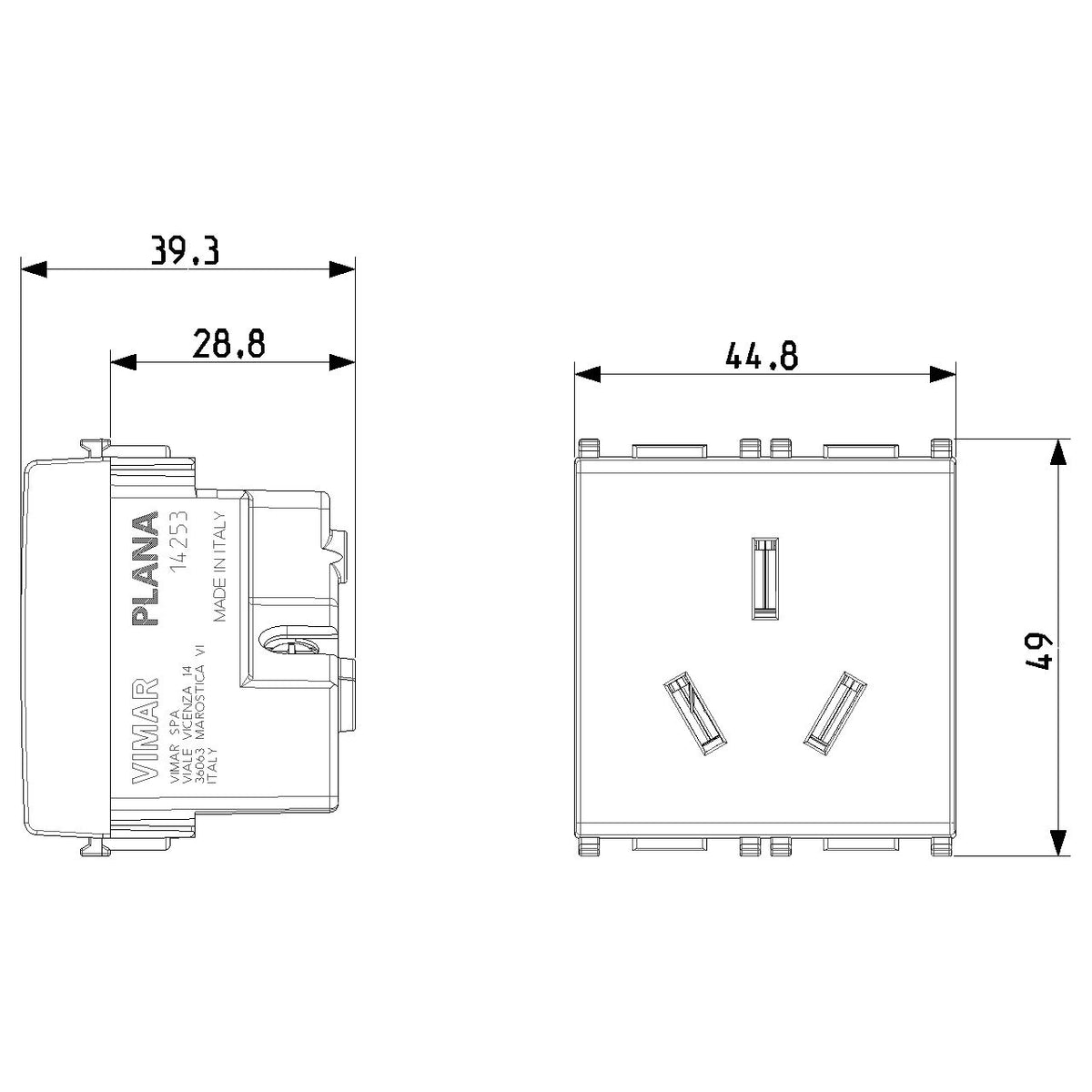 Vimar Plana 2P+E Argentinian SICURY Socket Outlet, 20A, 250V, 2-Module, Flush-Mounted, Screw Terminal, IP20