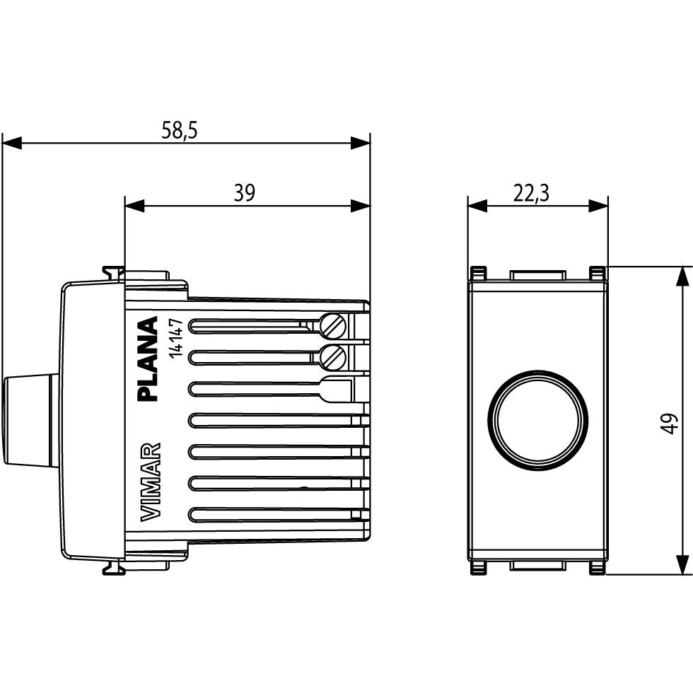 Vimar Plana Dimmer, 120V, 30-500W/30-300VA, IP40, Rotary Potentiometer, Flush Mount