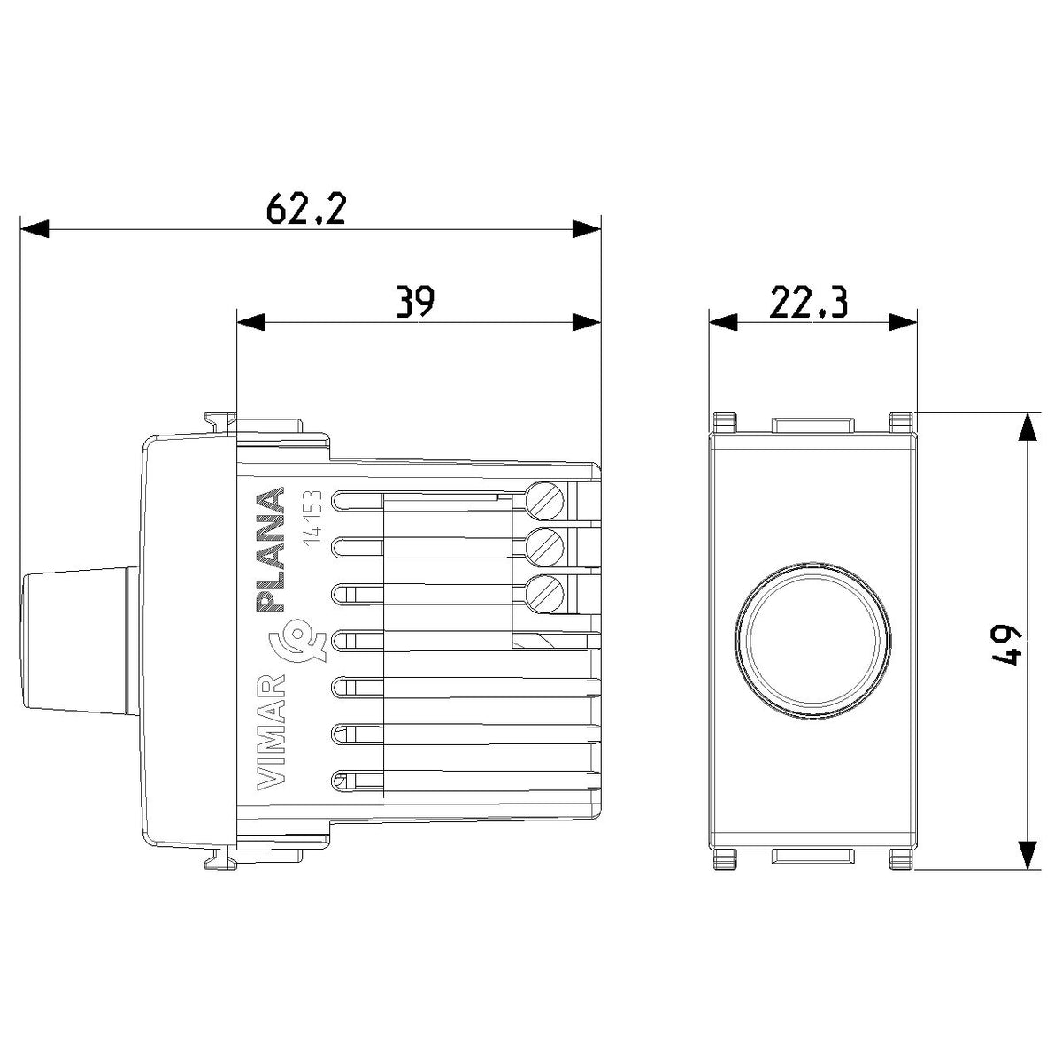 Vimar Plana Dimmer, 230V, 100-500W, For Incandescent Lamps, Push-Push Rotary Control, IP40