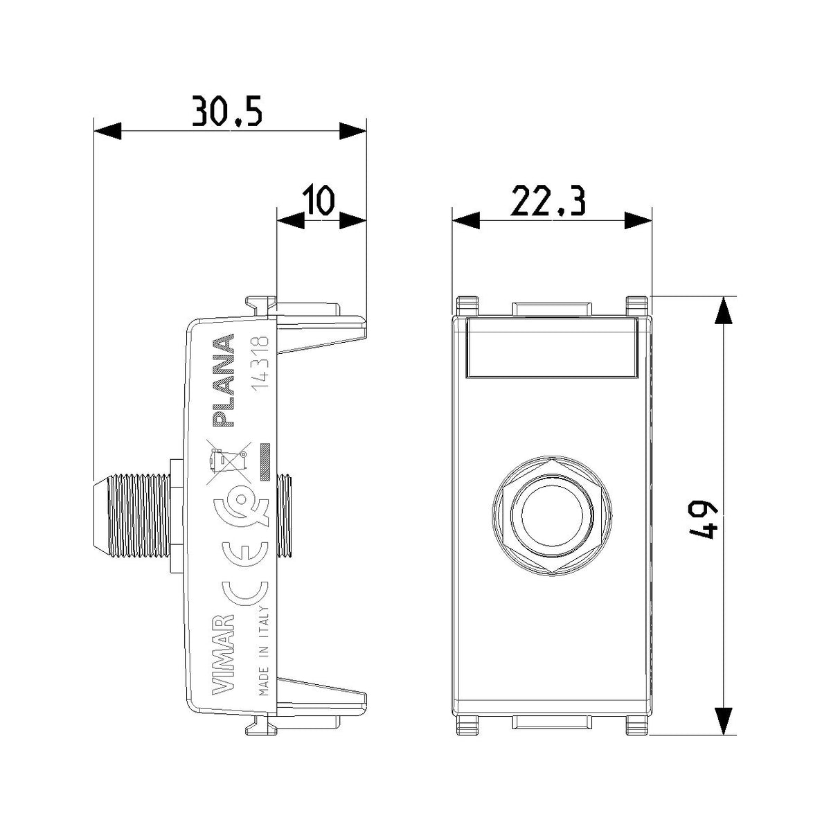 Vimar Plana Coaxial F-Type Female Socket Connector, End Socket, 2400 MHz, Snap Mounting, Remote Power Supply Compatible