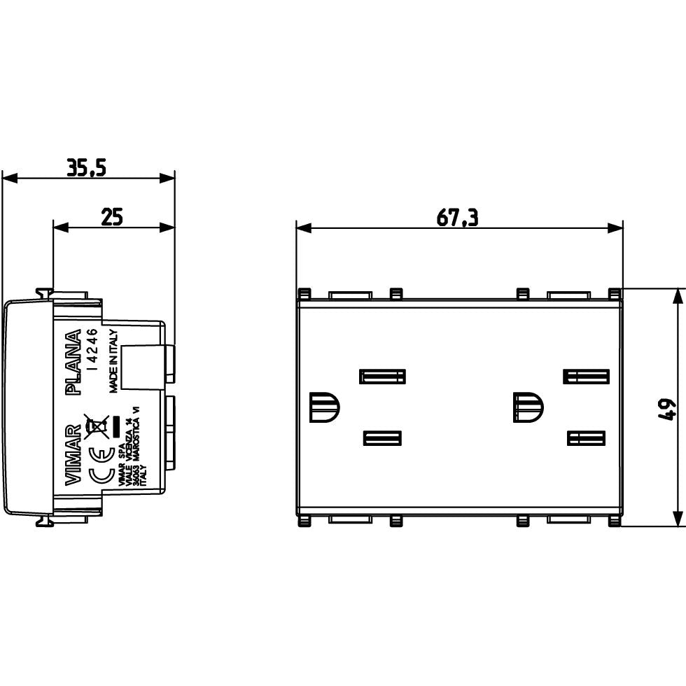 Vimar Plana Series Double 2P+E USA Socket Outlet, 15A, 127V, Flush Mount, IP20, 3-Module