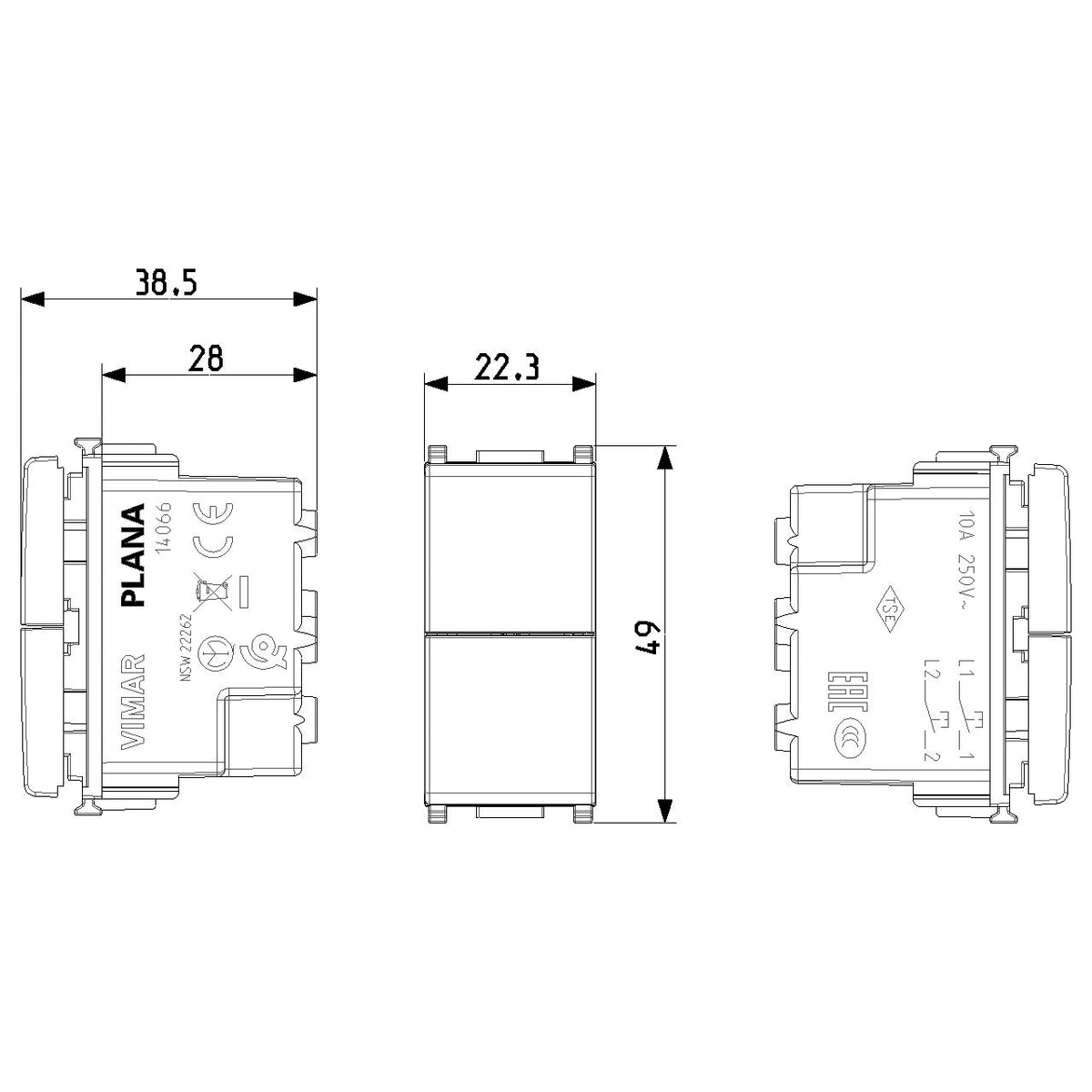 Vimar Plana Two Independent 1P NO+NO Push Buttons, 10A, 250V, IP40, Flush Mount