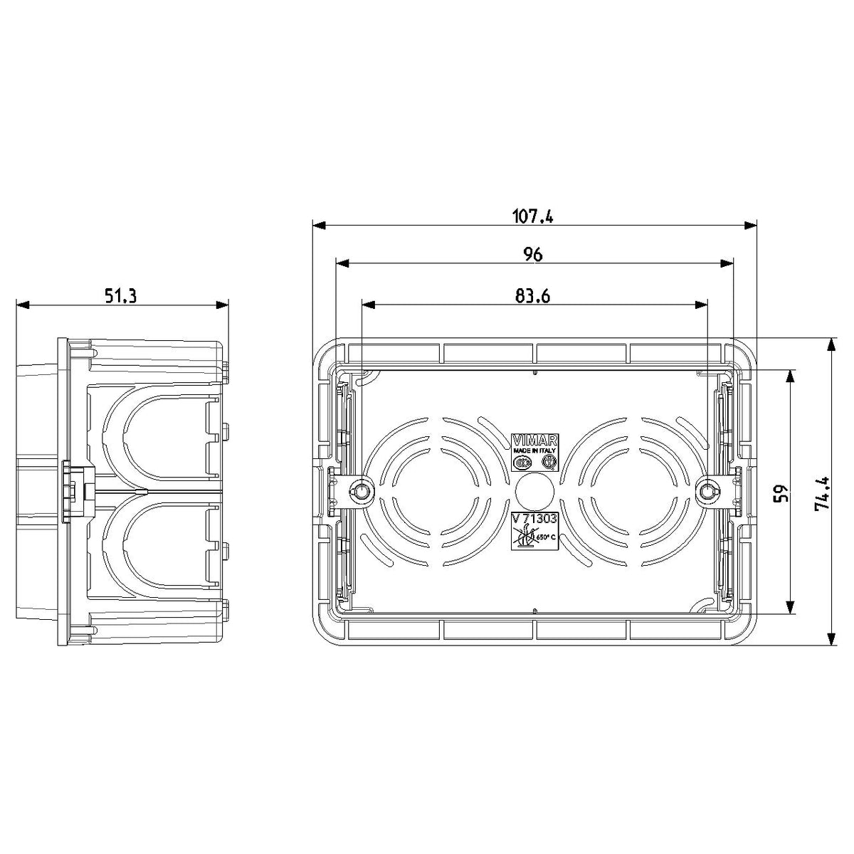 Vimar 3-Module Flush Mounting Box, For Masonry Walls, 20/25 mm Knockouts, 96 x 59 x 49.8 mm