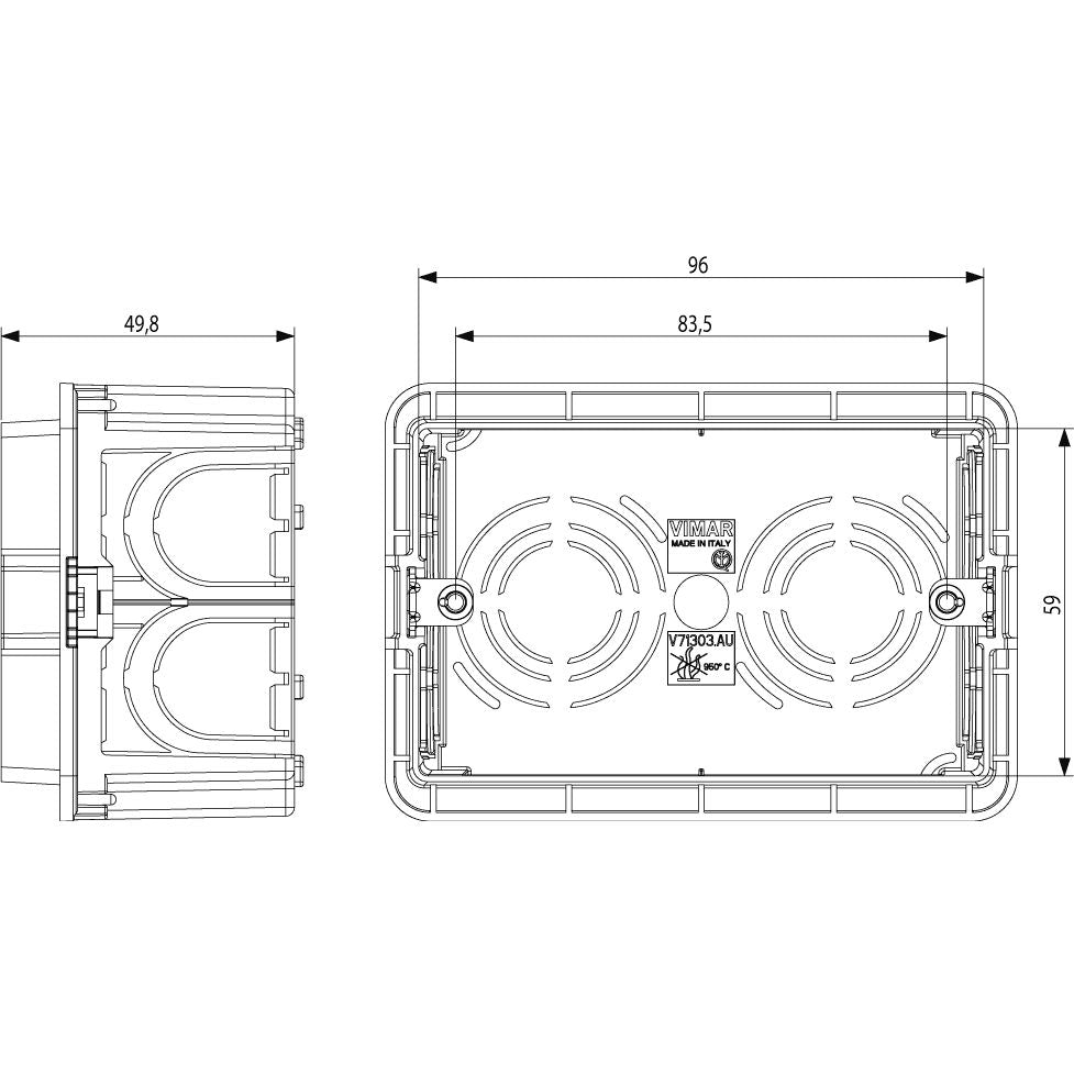 Vimar 3-Module Flush Mounting Box, For Masonry Walls, 20/25 mm Knockouts, 96 x 59 x 49.8 mm