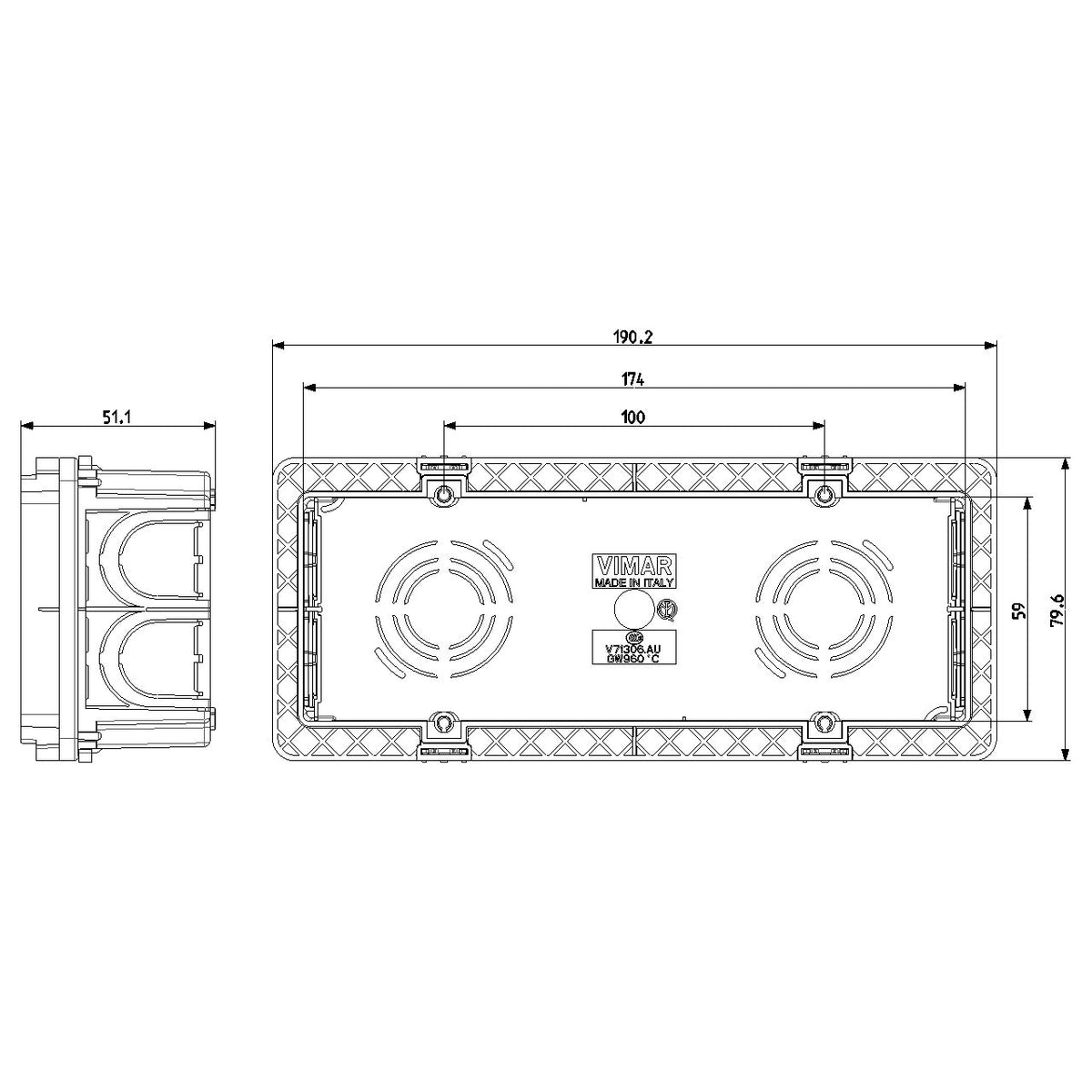 Vimar 6-7 Module Flush Mounting Box, For Masonry Walls, 9 Knockouts for 20/25 mm Tubes, Halogen-Free Plastic, IP00