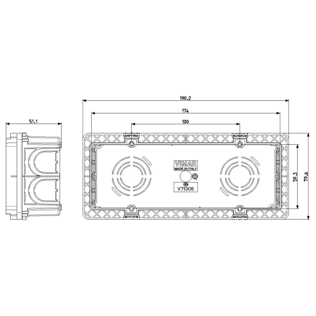 Vimar 6-7 Module Flush Mounting Box, For Masonry Walls, 9 Knockouts for 20/25 mm Tubes, Halogen-Free Plastic, IP00