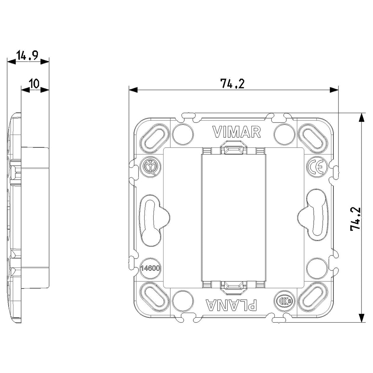 Vimar Plana 1-Module Mounting Frame, Without Screws, for 60 mm Fixing Centres or 56x56 mm Flush Mounting Boxes