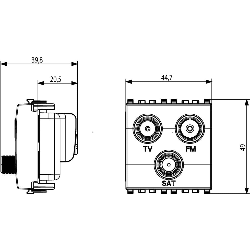 Vimar EIKON TV-FM-SAT Coaxial Socket Outlet, Single Connection, 3 Outputs, 5-2400 MHz, 1 dB, 2 Modules