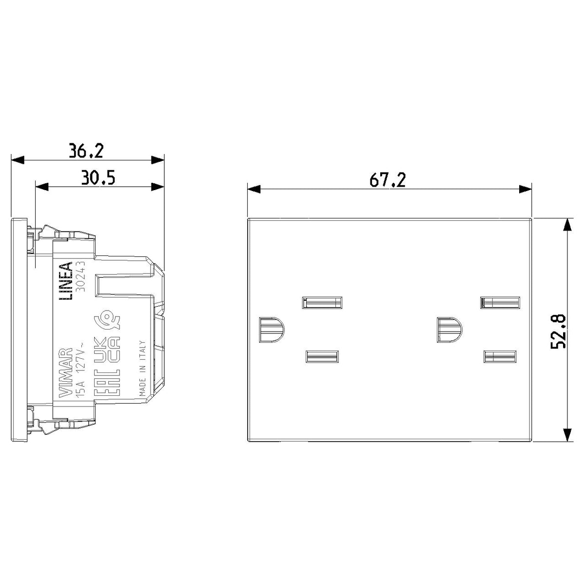 Vimar LINEA Two 2P+E USA SICURY Outlet, 15A, 127V, 3-Module, Flush-Mounted