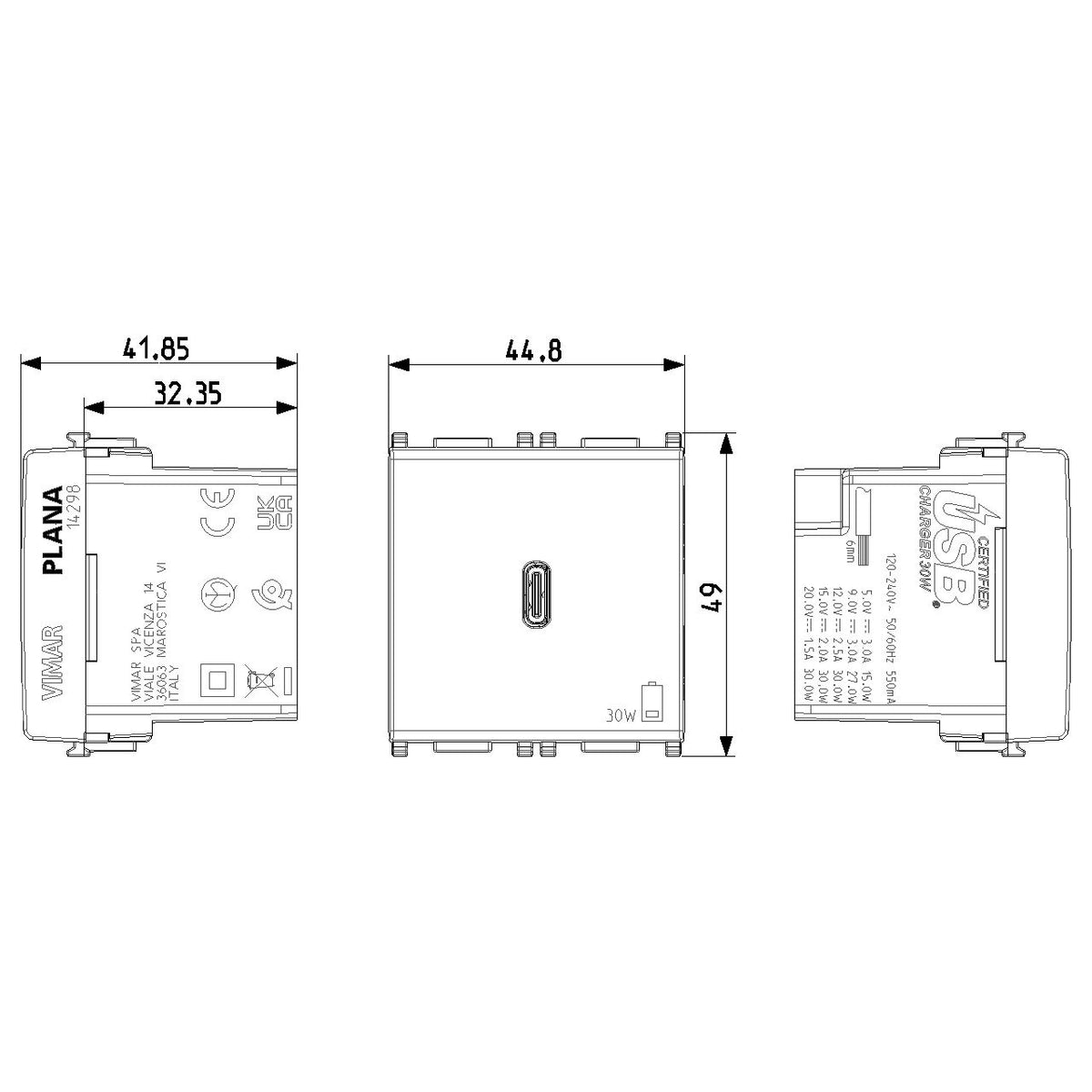 Vimar Plana 2-Module USB-C Supply Unit, Power Delivery, 120-240V