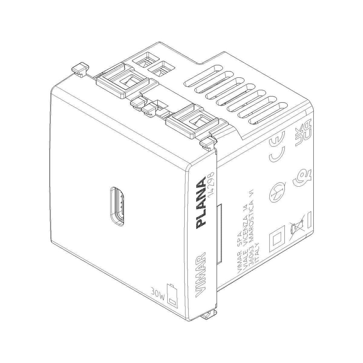 Vimar Plana 2-Module USB-C Supply Unit, Power Delivery, 120-240V