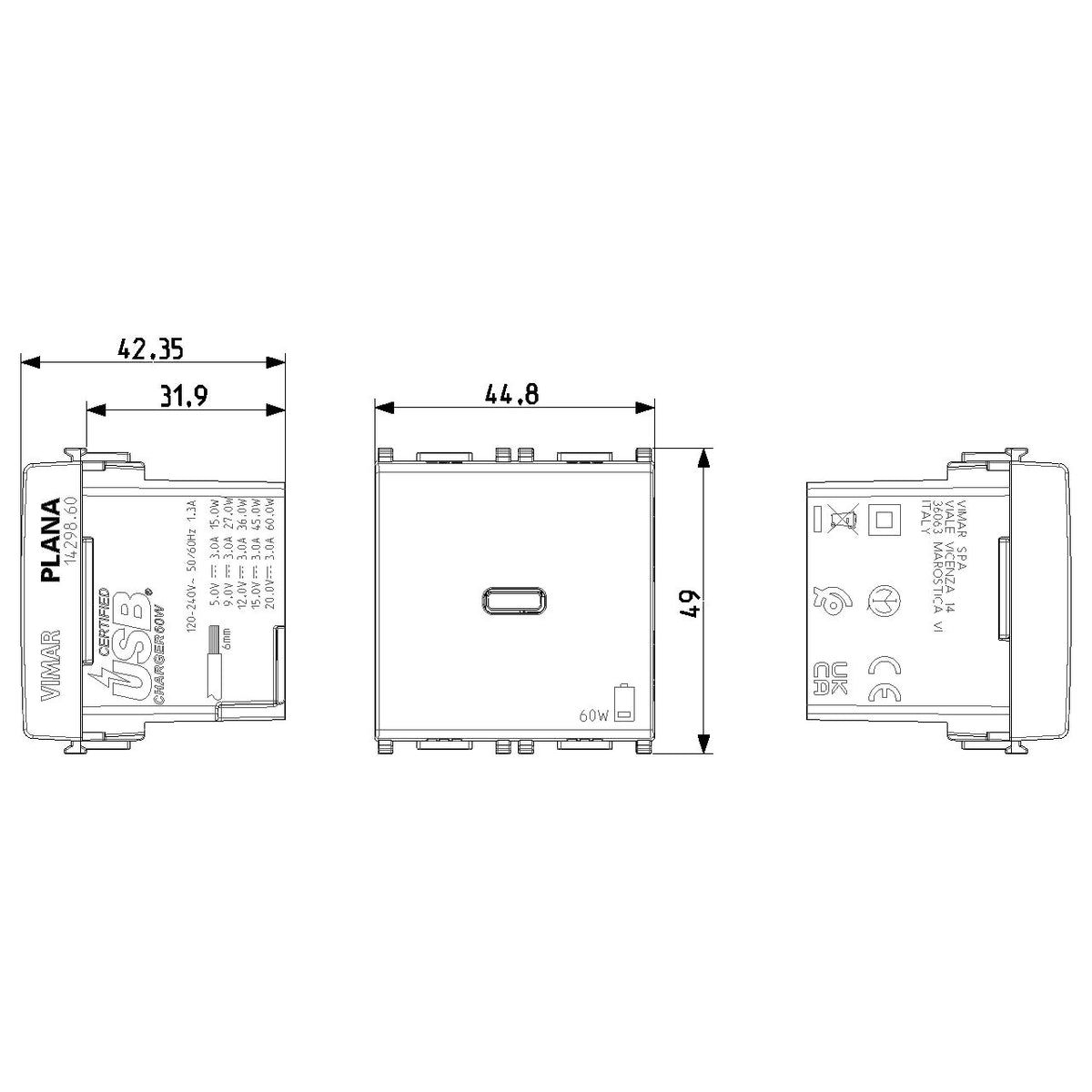 Vimar Plana 2-Module USB-C Supply Unit, Power Delivery, 120-240V