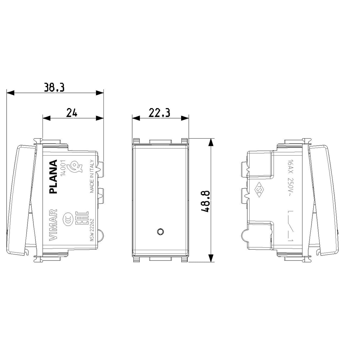 Vimar Plana 1P 16AX 1-Way Switch, 250V, IP40, Flush Mount