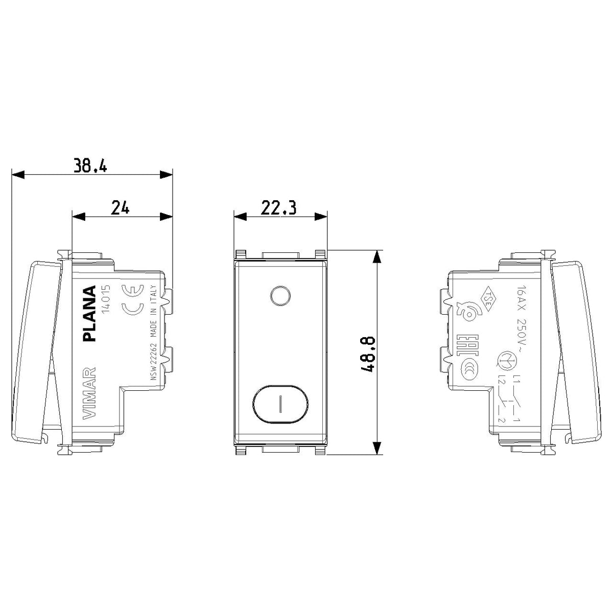 Vimar Plana 2P 1-Way Switch, 16AX, 250V, Lightable