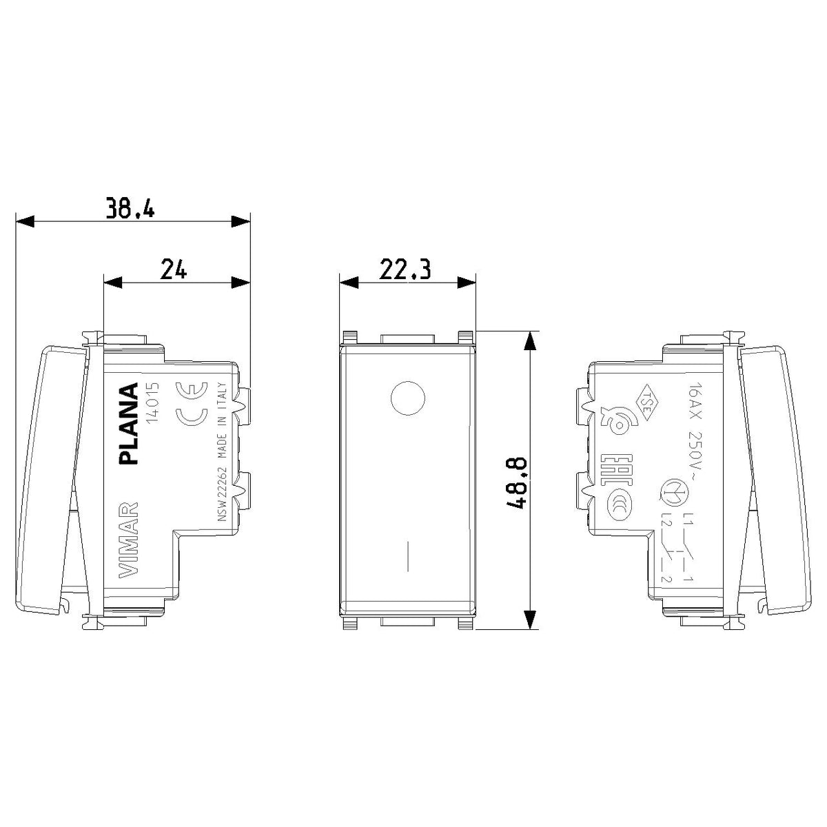 Vimar Plana 2P 1-Way Switch, 16AX, 250V, Lightable