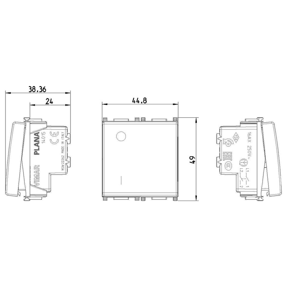 Vimar Plana 2P 1-Way Switch, 16AX, 250V, Lightable