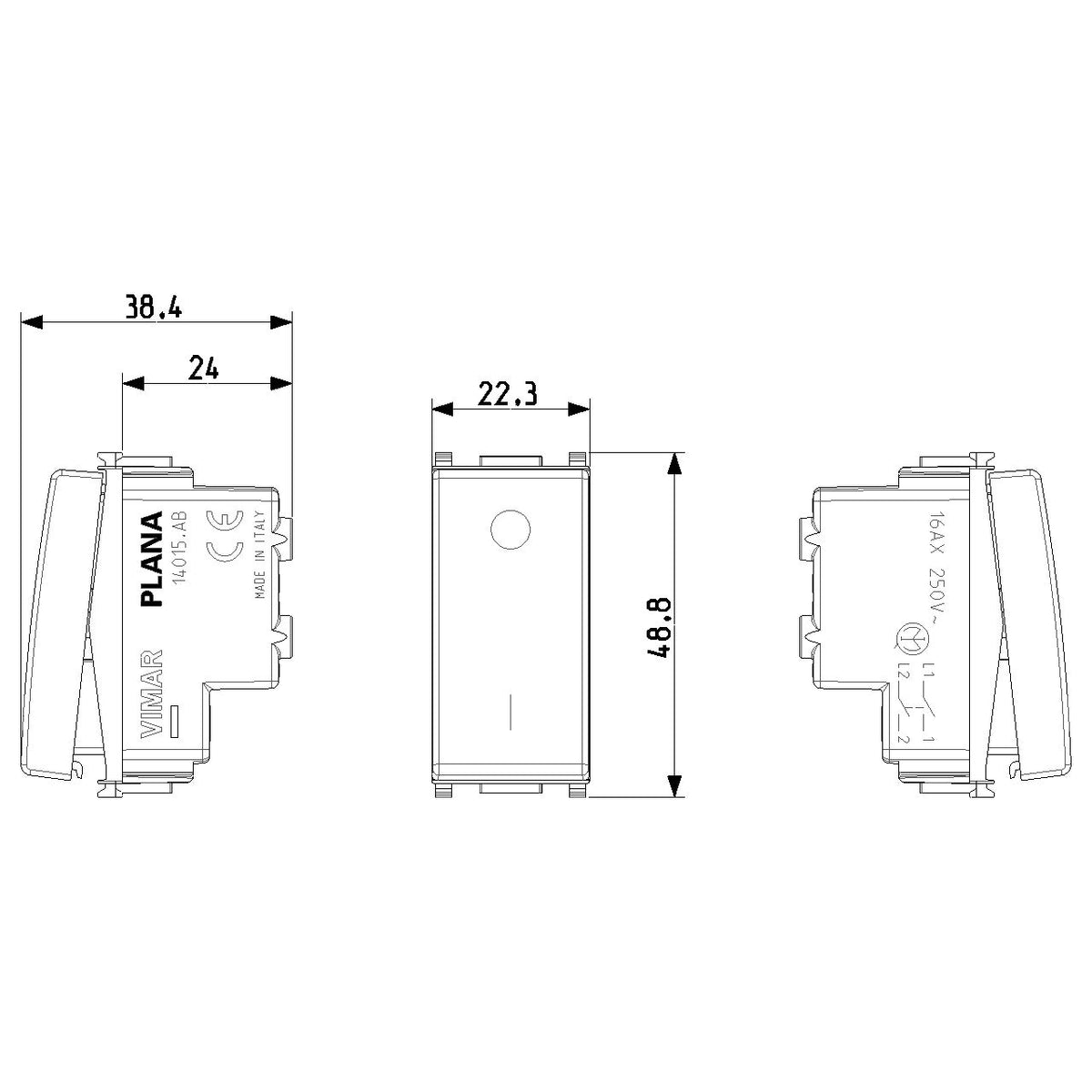 Vimar Plana 2P 1-Way Switch, 16AX, 250V, Lightable