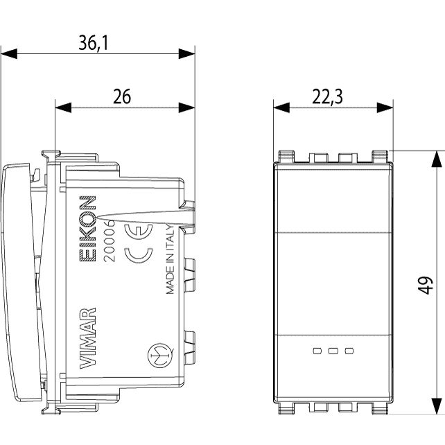 Vimar Eikon 1P 2-Way Switch, 20AX, 250V, Optional LED Lighting, IP40