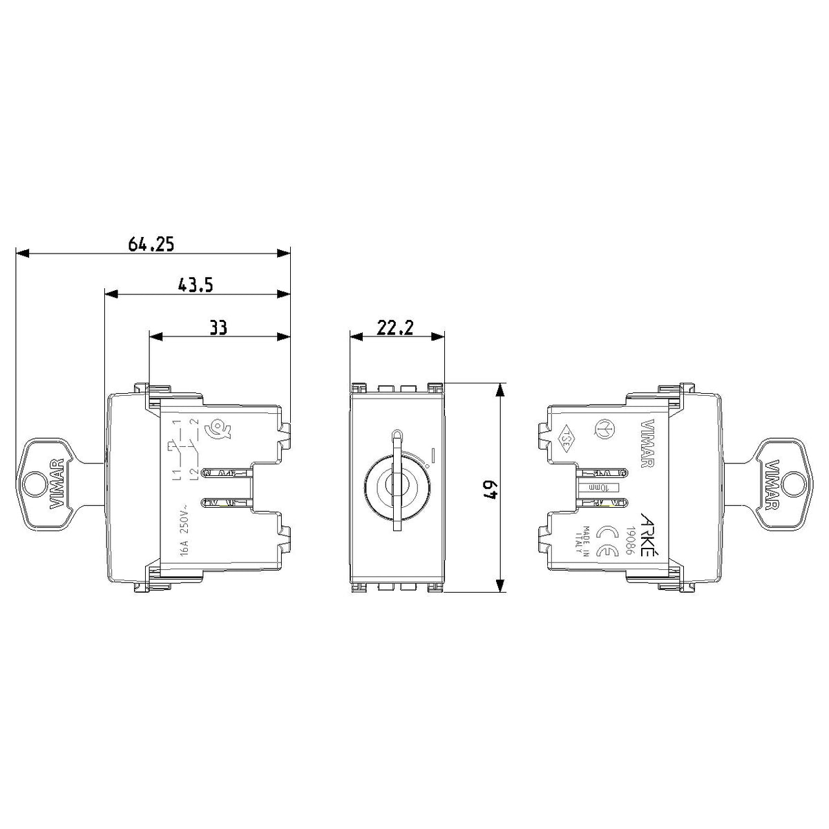 Vimar ARKÉ 2P NO Key-Operated Push Button, 16A, 250V, IP40