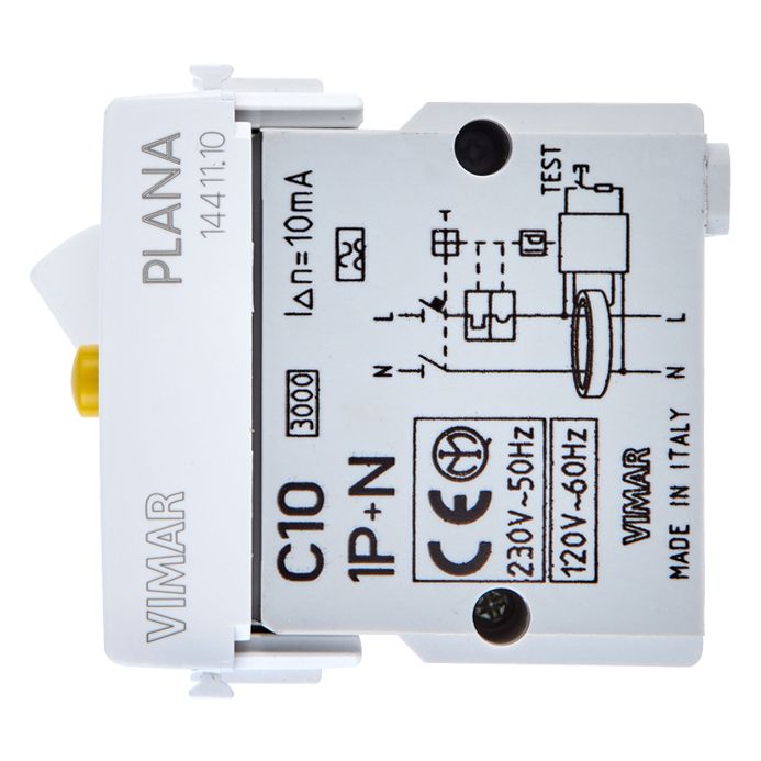 Vimar Plana 1P+N RCBO Breaker, 120-230V, IP40, Built-In, 2 Modules