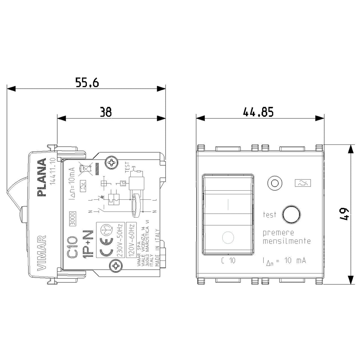 Vimar Plana 1P+N RCBO Breaker, 120-230V, IP40, Built-In, 2 Modules