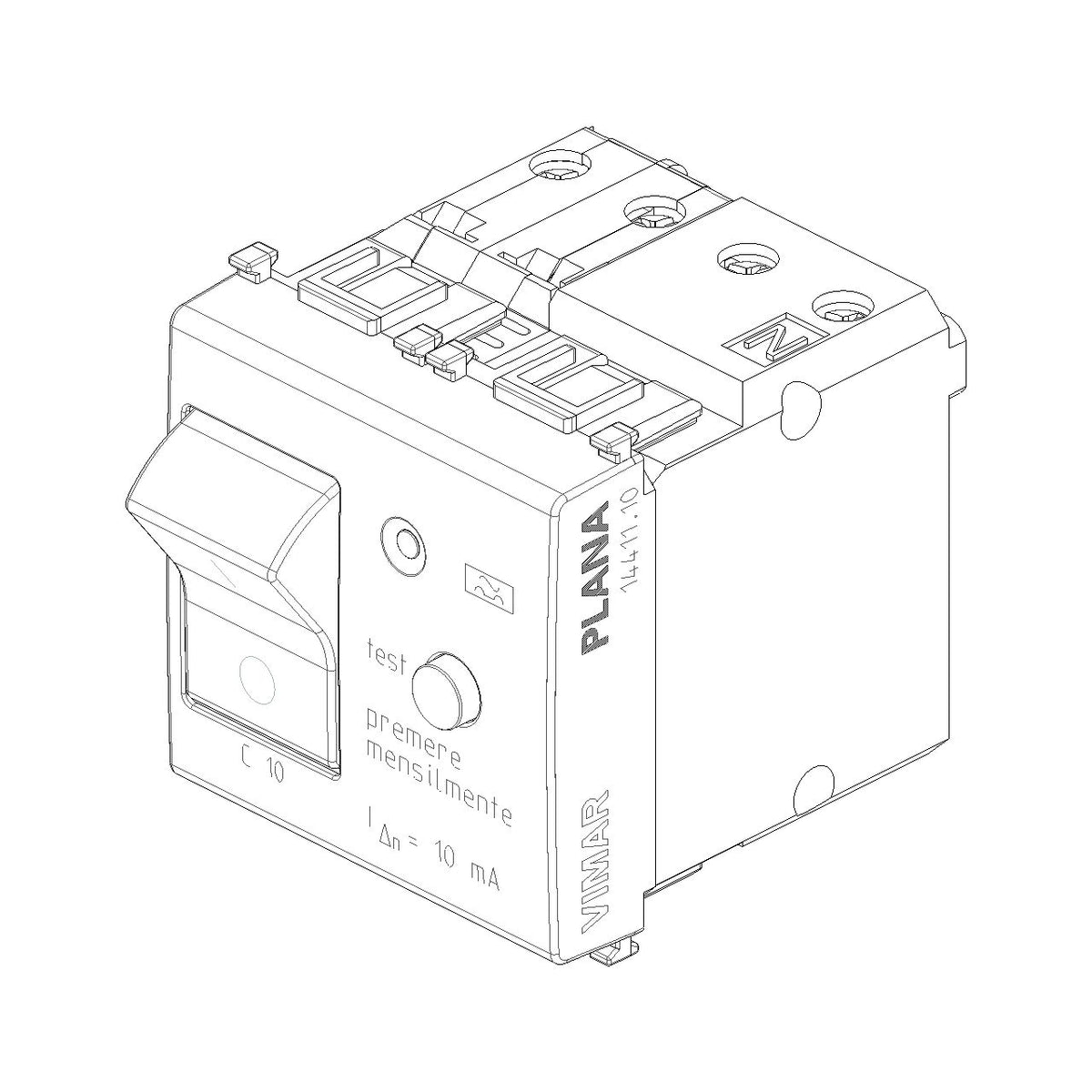 Vimar Plana 1P+N RCBO Breaker, 120-230V, IP40, Built-In, 2 Modules