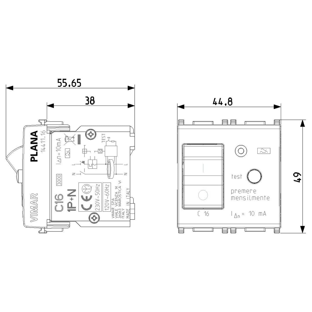 Vimar Plana 1P+N RCBO Breaker, 120-230V, IP40, Built-In, 2 Modules