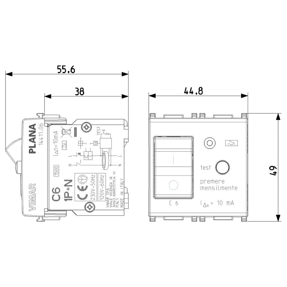 Vimar Plana 1P+N RCBO Breaker, 120-230V, IP40, Built-In, 2 Modules