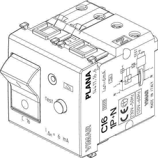 Vimar Plana 1P+N RCBO Breaker, 120-230V, IP40, Built-In, 2 Modules