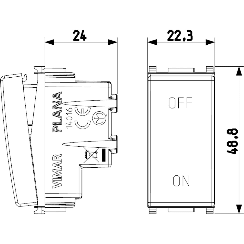 Vimar Plana 2P 20AX 1-Way Switch, 250V, IP40, Flush Mount